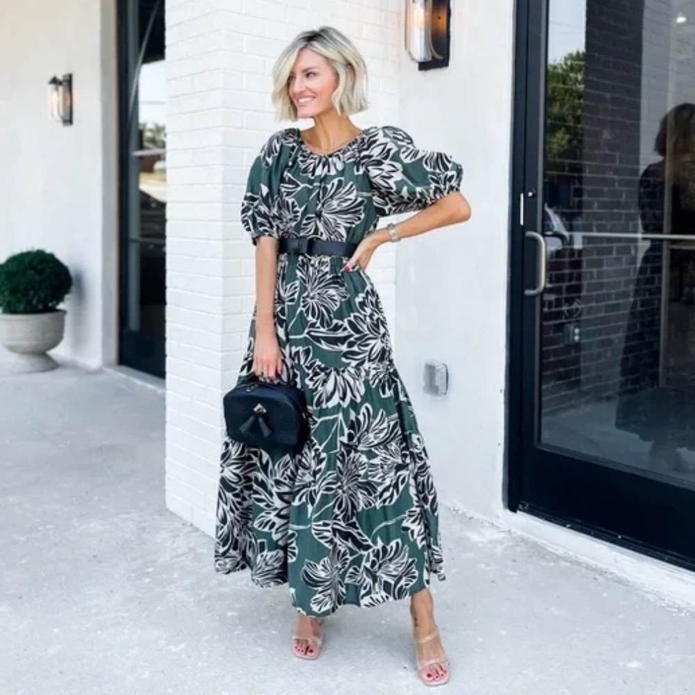 Green Floral Silk Cotton Voile Midi/Maxi Dress SZ, w Pockets Lined by Velvet